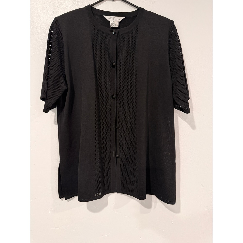 Exclusively Misook Black Pointelle Mesh Knit Short Sleeve Cardigan Sweater